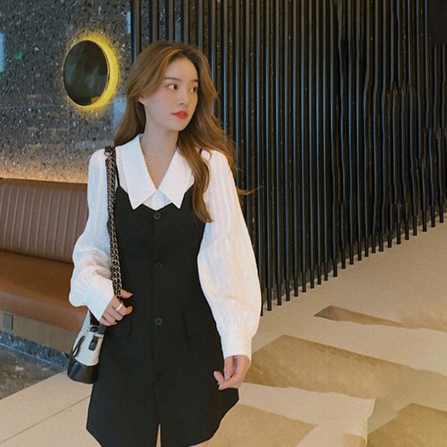 ブラウスシャツ キャミソール ワンピース 2点セット レディース ブラウス 長袖 ミニワンピース 黒 白 おしゃれ セットアップ キャミワンピ Infini Arc En Ciel