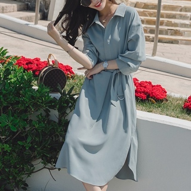 ワンピース レトロ ミドル丈 無地 ウエストタイ Aライン サイドスリット 可愛い 長袖 シンプル ガーリー フェミニン おでかけ デート 通勤通学 秋冬 M Fun H