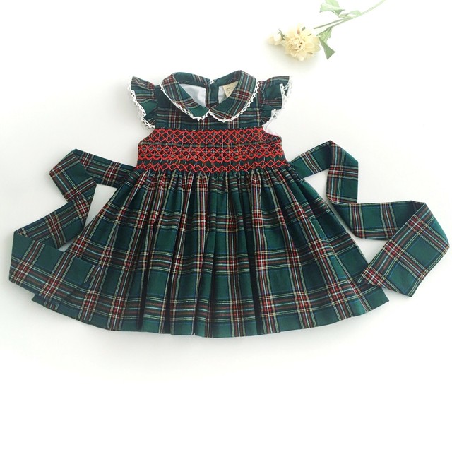 在庫80 スモッキングジャンパースカート フランネル ネル グリーンチェック ボルドーレッド ワンピース刺繍 Heart Spring スモッキングワンピースと可愛い子供服