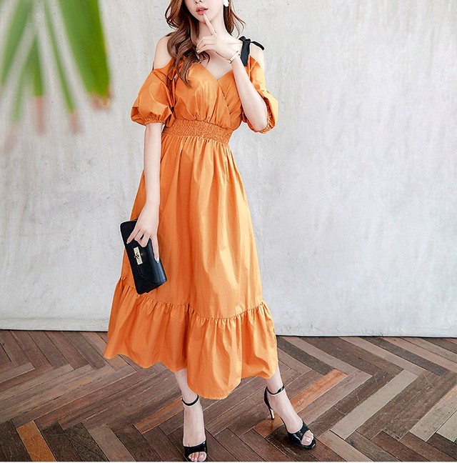 レディースv字襟キャミソールワンピースゆったりシルエットエレガントラッフルワンピースオレンジ色 Junki S Colletion
