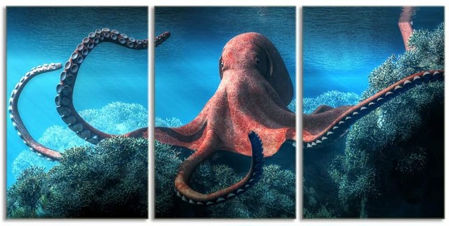 送料無料 木枠付き 壁掛け キャンバス 3枚組 海 ビーチ 水中 巨大タコ Octopus 人気 おしゃれ インテリア ディスプレイ アート 輸入雑貨 Hachinohe Base 1518