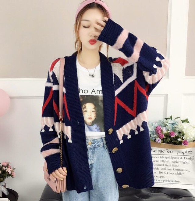 韓国ファッション 春秋冬レディース アウター 幾何学柄 ニットセーター Fashion Mart128