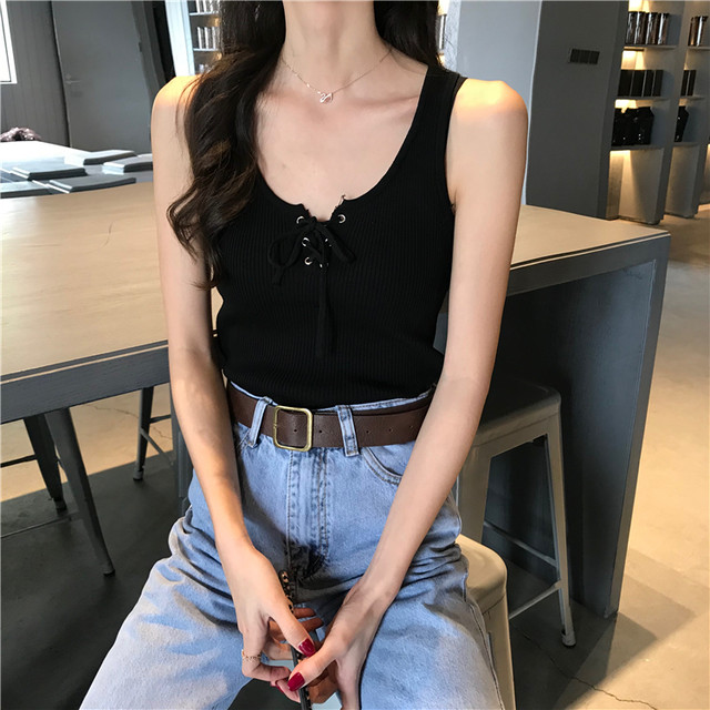 レディース レースアップ ニット タンクトップ リブニット 編み上げデザイン スリム シンプル カジュアル ガーリー インナー デイリー 夏 A0304 Ranunculus