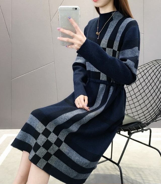 ワンピース ニットワンピ 秋冬 レディース 長袖 ひざ丈 ハイウエスト チェック 体型カバー Ab1519 Valentina210