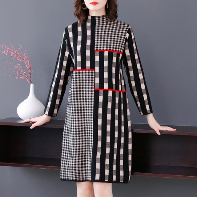 ニットワンピース チェック ニット レディース チェック柄 切替ワンピースニット ひざ丈 秋冬ワンピース レトロ Af4390 Raxia