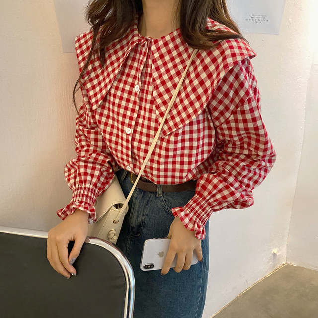 ビッグカラー ギンガムチェック柄 ブラウス シャツ 長袖 キャンディスリーブ カジュアル ガーリー 個性的 かわいい 通学 お出かけ デート 春 秋 Rb A09 0013 Redbell