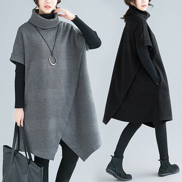 ワンピース レディースワンピース レディース ミディ丈ワンピース 膝丈ワンピース チュニック ニット ハイネック タートルネック 半袖 重ね着 レイヤードコーデ イレギュラーヘム ワンピース Leaflower 001 リーフラワー レディースファッション専門店