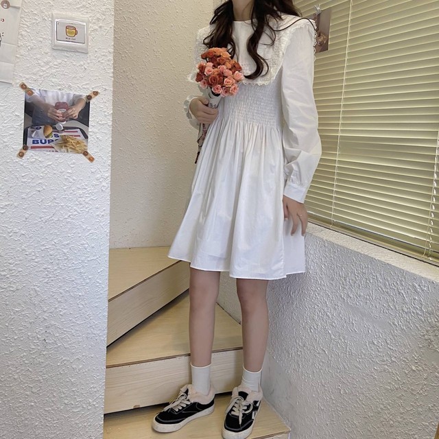 フリル襟 ワンピース 白 グリーン To To U フリル襟 ワンピース 白 グリーン To To U