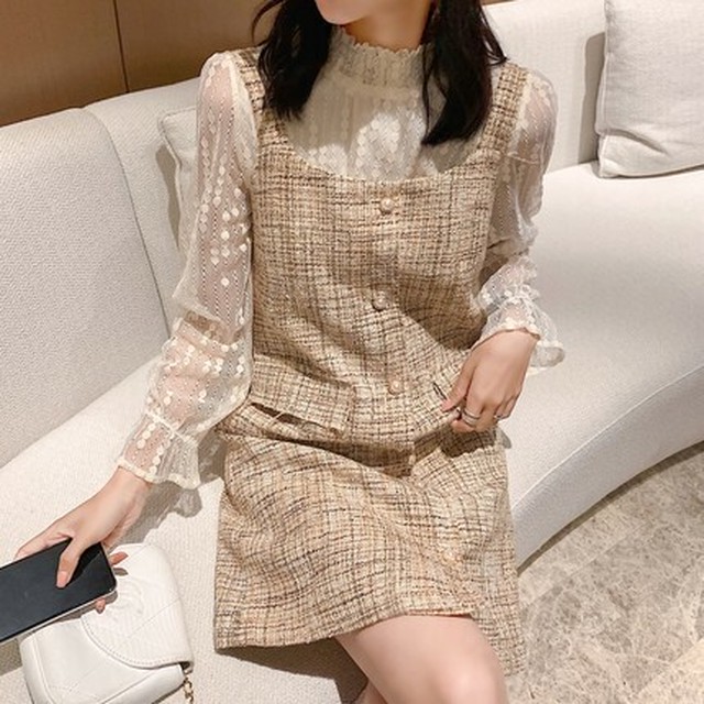 ツイードベストドレス 白ニット セットアップ 大人可愛い デートワンピ 上品 ｇｄｒ