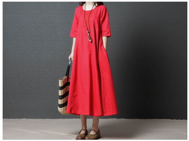 夏カジュアルワンピース ちょっとルーズなコットンリネン長袖ドレス Dress Company
