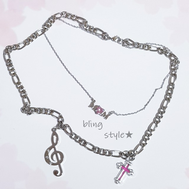 病みかわいい 原宿 音符 クロス M M ダブル ネックレス チョーカー Blingstyle Bijou Accessory 韓国ファッション ピアス イヤリング ハンドメイドアクセサリー