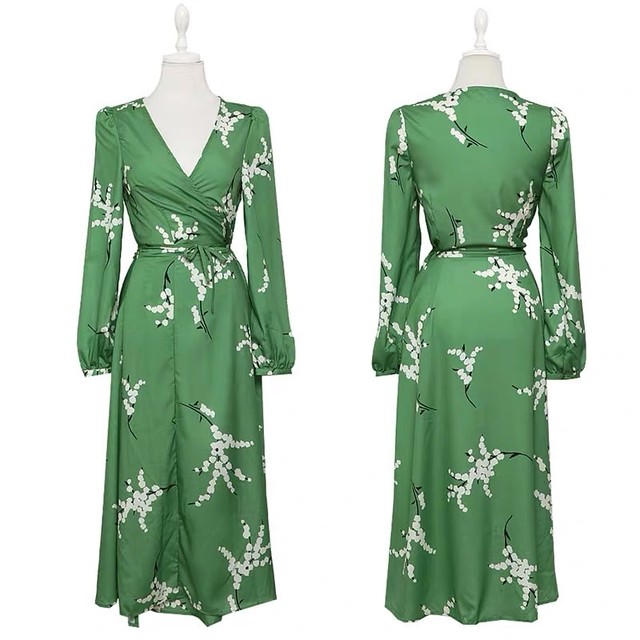 Op4 送料無料 人気no 1 リゾートワンピース 膝下ワンピース ロングワンピース ミドル丈ワンピース 綺麗色ワンピース グリーンワンピース 緑ワンピース 春服 春ワンピース デート 女子会 イベント フェス 記念日 長袖ワンピース 七分袖ワンピース フレアワンピース V