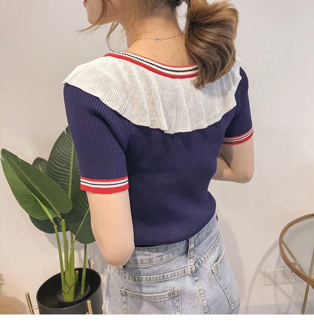 マリンボーダーフリルトップス ボーダートップス ボーダー トップス レディース マリン柄 フリル カジュアル 通勤 半袖 韓国 オルチャン 韓国ファッション 新作 春夏 春 夏 Ut 0693 Musubi Me 韓国 オルチャン レディースファッションのお店