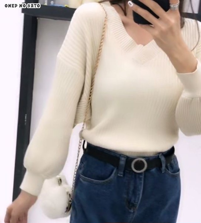 レディーストップス ニット トップス ゆったり 無地 Vネック 可愛い カットソー プルオーバー バルーン袖 長袖 秋冬 Jm ワンピの里