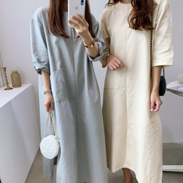 コットンワンピース ロング丈 ドロップショルダー コクーン ゆったり シンプル 秋冬 Hahimi Shop