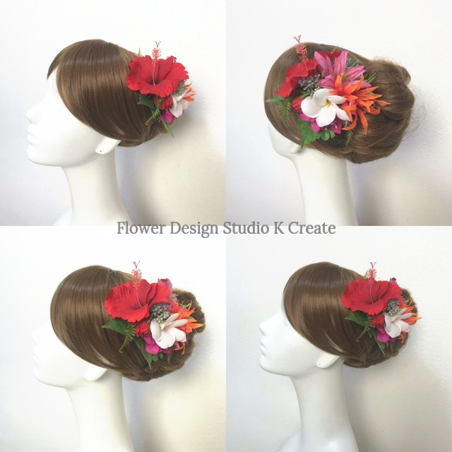 赤いハイビスカスとプルメリアのヘアクリップ 髪飾り トロピカル フラガール 南国 ダンス フラ フラダンス Flower Design Studio K Create