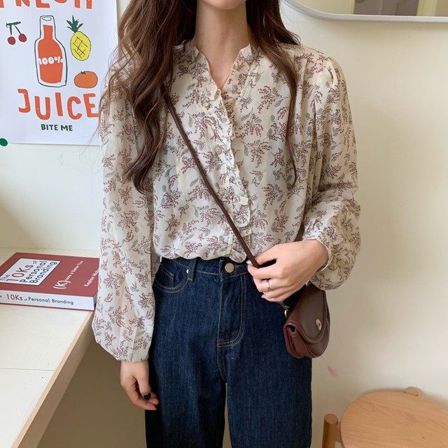 3色 花柄 ブラウス シフォン フリル ブルー ベージュ イエロー レディース ファッション 韓国 オルチャン Cocotown