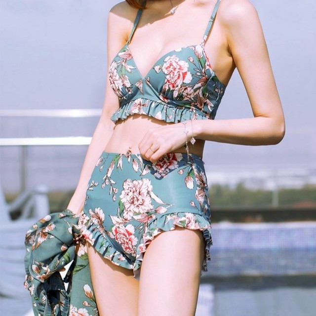 ビキニ ハイウエスト 体型カバー ワンピース 水着 ３点セット かわいい Evergreen