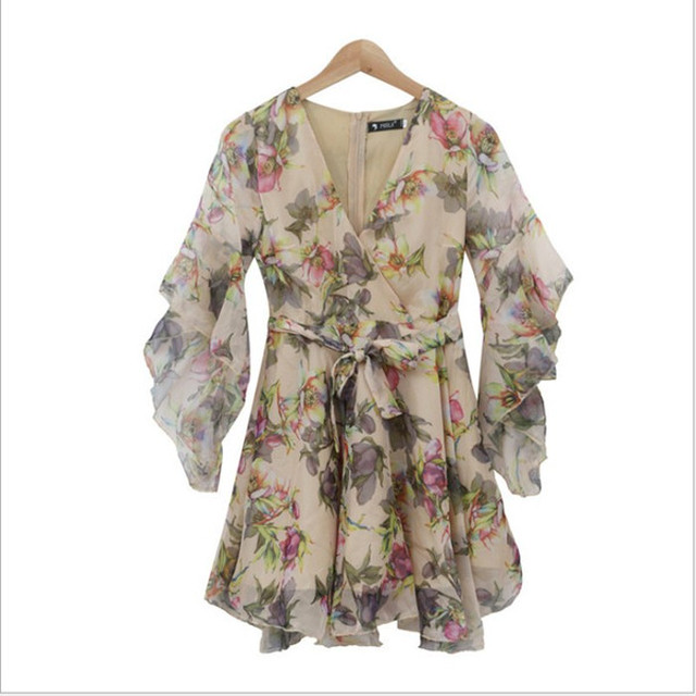 ワンピース レディース 夏ワンピース 膝上 シフォンワンピース 半袖 ワンピ スピーカースリーブ シフォン ワンピース プリント リゾートワンピ 旅行 Hy412 Bianka