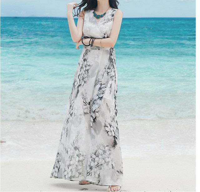 リゾートワンピース 花柄 ロング ビーチ ノースリーブ きれいめ 上品 夏 大きいサイズ シック マキシワンピース ボヘミアン スリムフィット Hr800 Raxia ラクシア