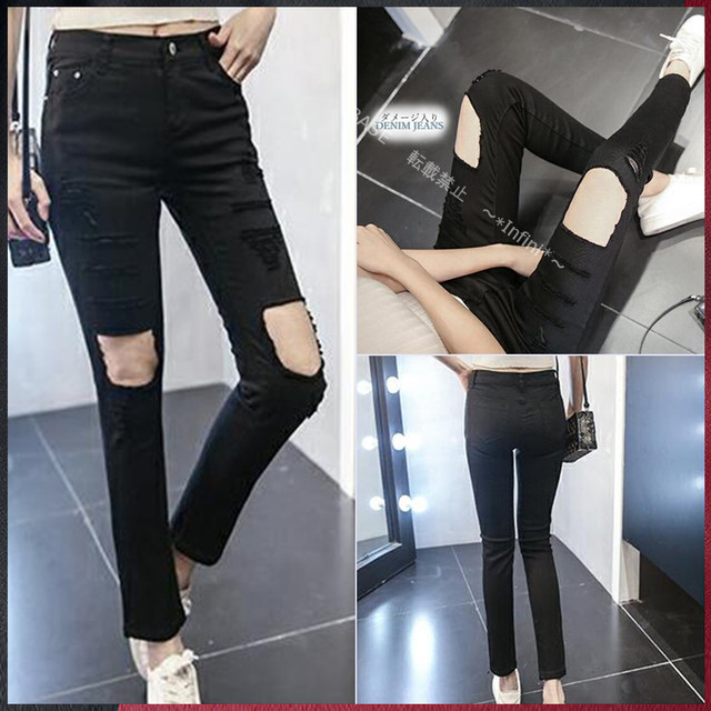 国内発送 デニム スキニー レディース パンツ ダメージ ジーンズ ストレッチパンツ 黒 大人気 細見え シンプル デザイン Infini Arc En Ciel