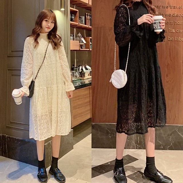 総レース ワンピース パーティー 春 韓国 ファッション レディース ハイネック ワンピ 刺繍 フリルネック フリル袖 裏地あり シースルー ミモレワンピース レースワンピース カジュアル パーティー お呼ばれ ワンピース 春服 レディース ゆったり オーバーサイズ ワンピ