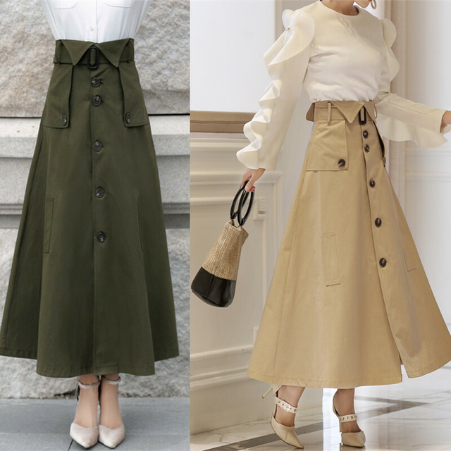 トレンチスカート フレア スカート Aライン ミモレ丈 無地 シンプル トレンド ハイウエスト カーキ グリーン 大人可愛い きれいめ 春夏 お出かけ 通勤 オフィス Officewalaa オフィスワラア レディースファッション スタイル