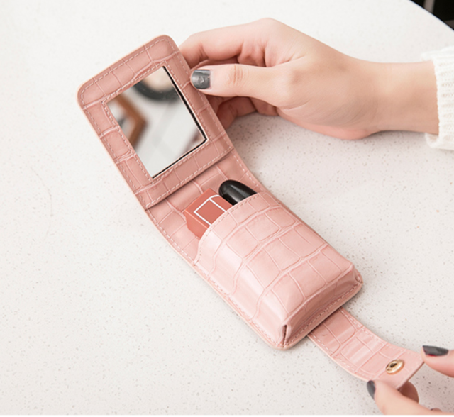 即納 予約 リップケース クロコダイル風 コンパクト ミラー付 鏡 メイク 口紅 マルチケース Mimiy 韓国 北欧 インテリア ファッション