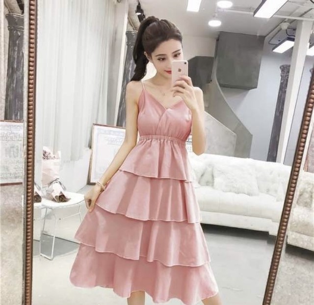 ワンピース ウエスト切り替え ラッフル キャミワンピ フリル フリフリ 体型カバー 春夏 春色 I218 Bshop