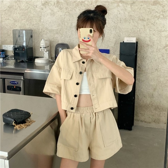 ２点セット セットアップ 半袖 ジャケット ショートパンツ ハイウエスト カジュアル メンズライク 夏 レディース Ptnym3267 Shop Suba