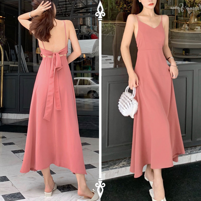 ノースリーブワンピース 背中開き ワンピース レディース ロング丈 サーモンピンク 夏服 マキシ丈 バックリボン 脚長 セクシー Rx0270 Raxia