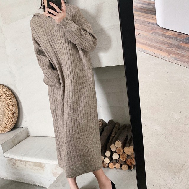 フード付き ニットワンピース レディース ゆったり ロングワンピース 長袖 カジュアル 無地 シンプル 大人 デザイン 黒 体型カバー ワンピ ワンピース Infini Arc En Ciel