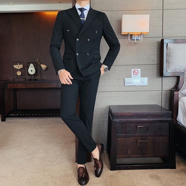 予約販売 メンズ スーツ ダブル 無地 シック ブラック ベージュ ブルー グレー ジャケット パンツ セット セットアップ パーティ 二次会 同窓会 結婚式 韓国 トレンド M L Xl 2xl 3xl 4xl Favoriteselect