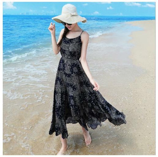 送料無料 リゾートワンピ 夏ワンピ S エスニック マキシワンピ ワンピース 旅行 リゾート 紺 レディースファッションsunflower