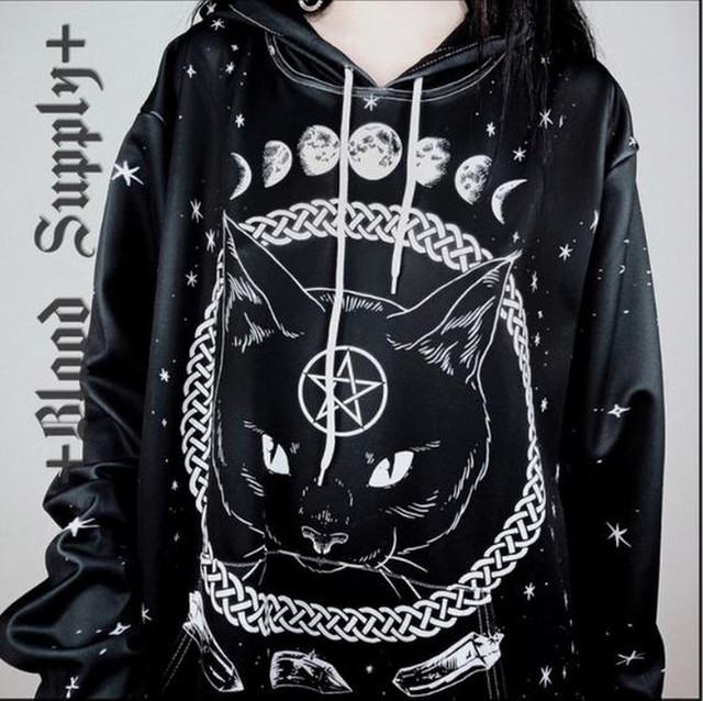 病みかわいい パーカー ゴシック系 黒猫 五芒星 ビッグシルエット オーバーサイズ オリジナルブランド ゴシック 原宿系 10代 代 天使と悪魔 サブカル系ファッション Seasonz