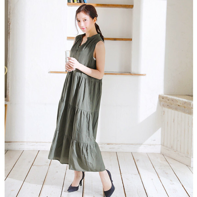 テロ生地ティアード前開きノースリーブワンピース ブルー Begin