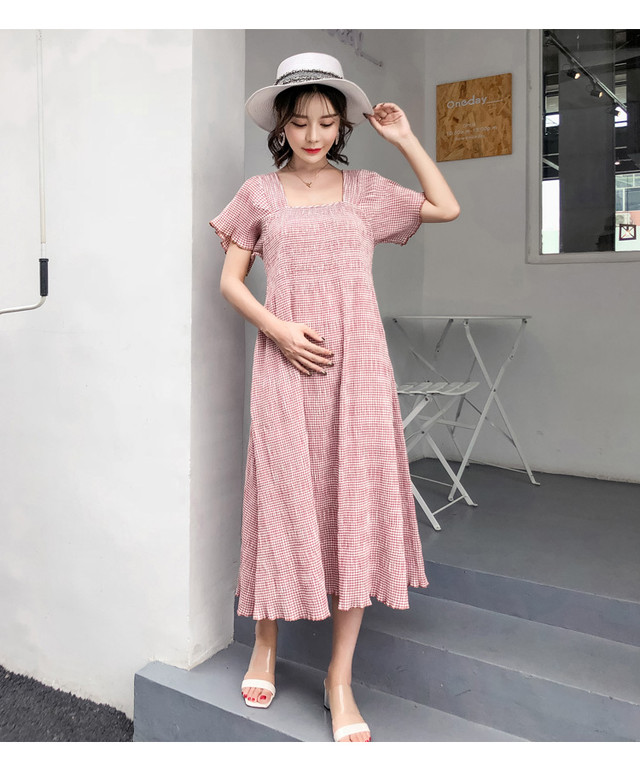 ワッシャーワンピース チェック柄 スクエアカラー 半袖 バッククロス ミモレ丈 ミドル丈 ガーリー かわいい ゆったり マタニティ 春 夏 Rb 04 0116 Redbell