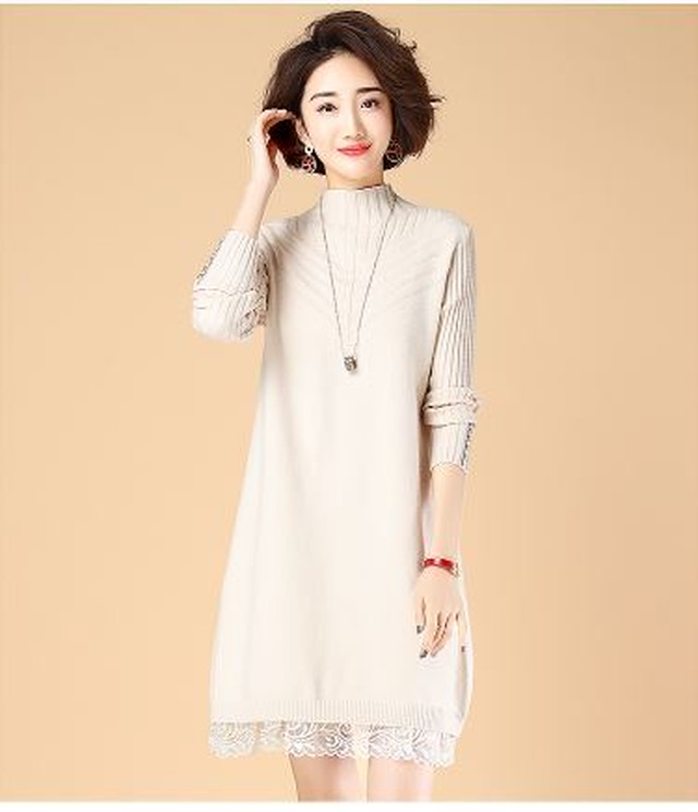 ニットドレスワンピース セーターワンピース 秋冬 デート お出かけ ミニワンピース レース付き ハイネック Ukiukionepicec