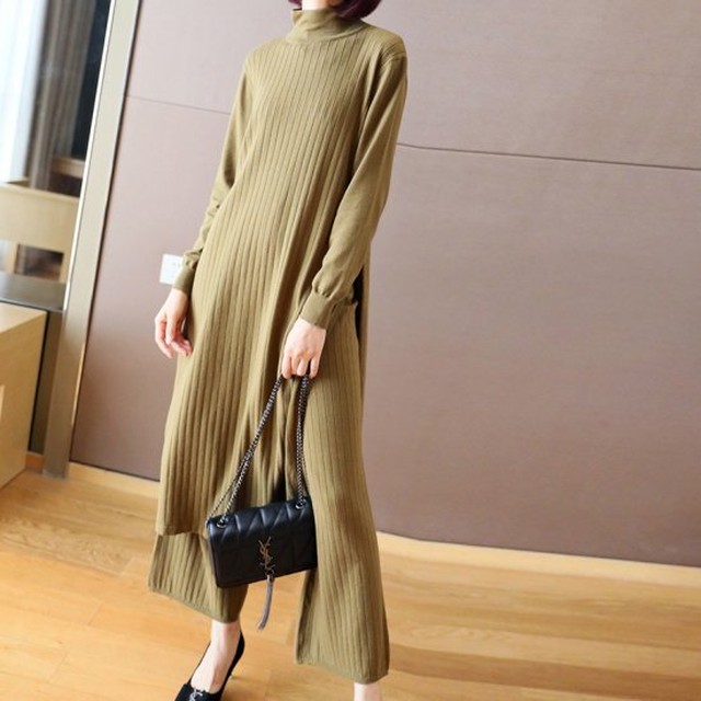 セットアップ レディース ニット ツーピース 上下セット 長袖ワンピース ストレートパンツ 春服 春服 レディース 30代 40代 ロングパンツ 長袖 スリット ゆったり タートルネック 緑 Rx0990 Raxia ラクシア