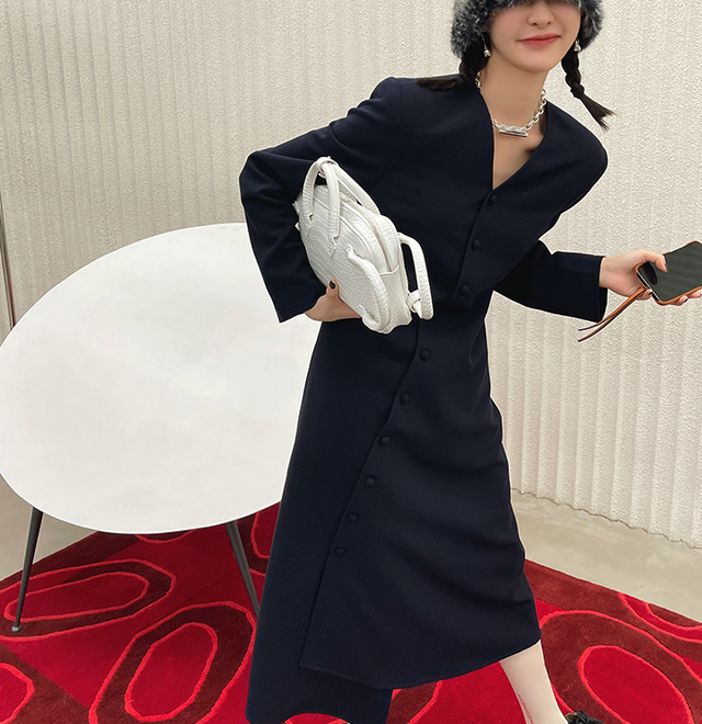 斜めボタンアシメトリーレトロエレガントワンピース Edona