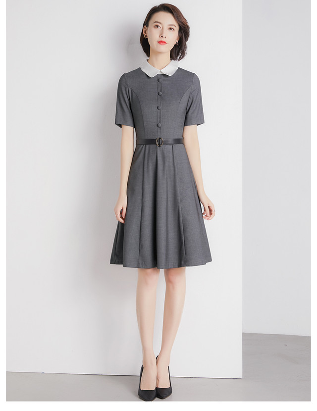 ワンピース スリム タイト 通勤 仕事 グレー 襟 夏 半袖 ベルト 膝丈 きれいめ 大きめ Quadrifolie クローバー