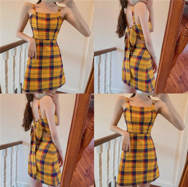 バックリボンワンピース チェック 夏 秋 リボン 背中 かわいい ハイウエスト サスペンダー バック リボン お出かけ 人気 個性 10代 代 イベント Ma031 La Vie En Rose