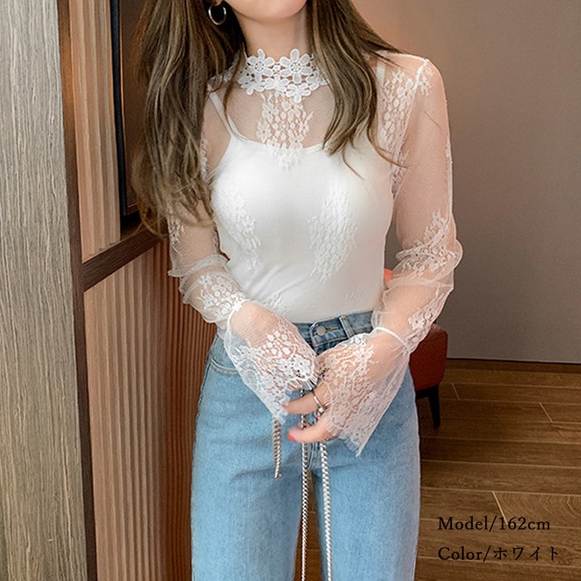国内発送 シースルー ブラウス レディース レース インナー 刺繍 ハイネック チュール 花柄 白 黒 重ね着 長袖 トップス Infini Arc En Ciel