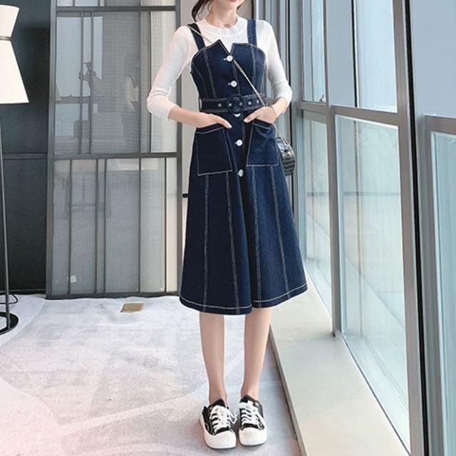デニムスカート ジャンパースカート ワンピース ひざ丈 フロントボタン スリット カジュアル お出かけ デート レジャー Like Fashion