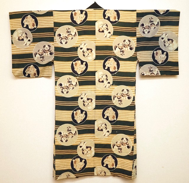 面白柄 男物襦袢 モスリン 犬柄 アンティーク着物 昭和レトロ 大正ロマン 変わり図柄 Juban Antique Kimono Antique John アンティーク ジョン