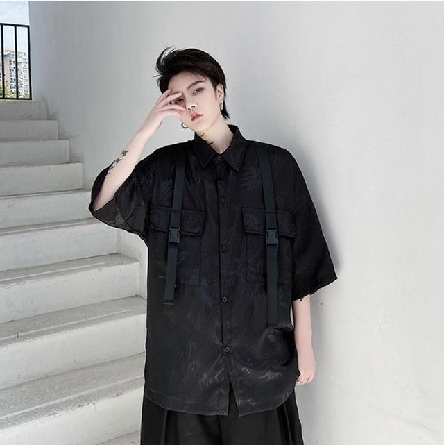 モード系 ゴシック シャツ バックル ストラップ 黒 かっこいい 韓国 オルチャン 10代 代 天使と悪魔 サブカル系ファッション Seasonz