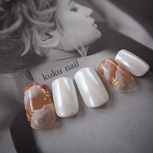 天然石アートネイル オレンジ パールホワイト Kuku Nail