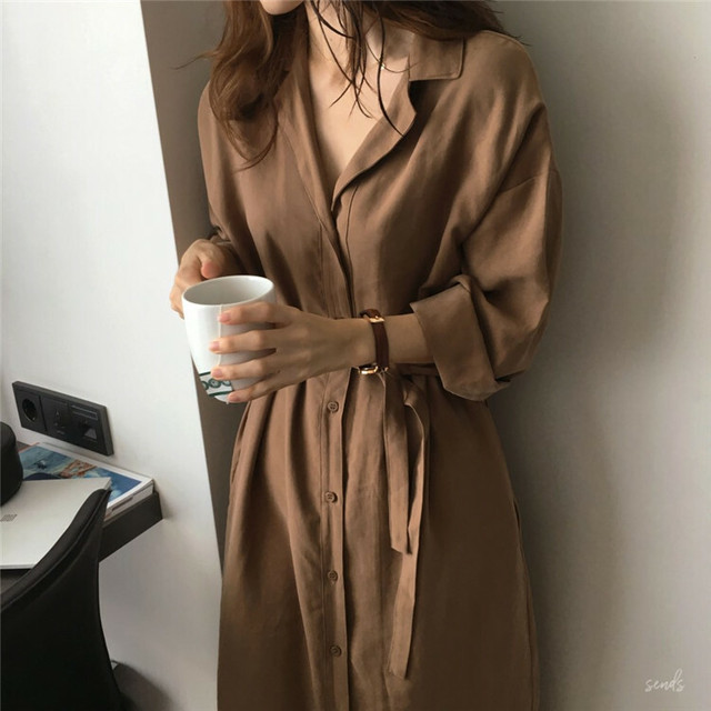 ワンピース シャツワンピース ロング丈 襟付き アウター 長袖 無地 ゆったり 大人可愛い 韓国 オフィス デート 女子会 秋冬 ｂｌａｎｃ ｎｏｉｒ
