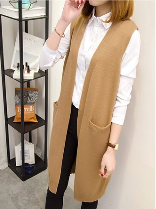 ロング ニットベスト ノースリーブ ニットカーディガン ボタンなし ポケット レイヤード 羽織 アウター 体型カバー 無地 ゆったり シンプル カジュアル 着回し 通勤 オフィス お出かけ デート 女子会 春 秋 冬 Uki Uki