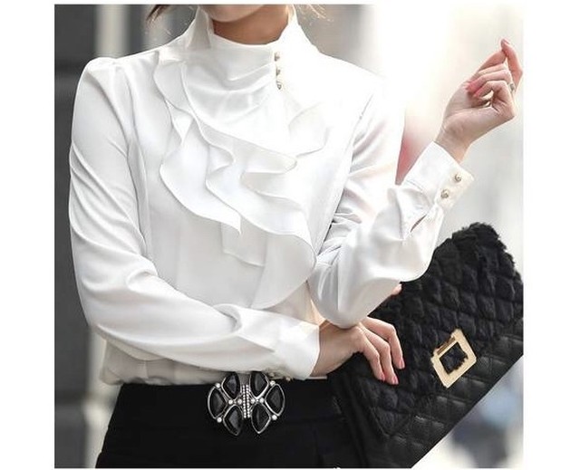 フリルブラウス 白 コーデ スーツ 韓国 可愛い フォーマル 白 スカート 卒業式 入学式 レディース ハイネック フォーマル オフィス 長袖 大人 春 上品 胸元 1552 Sayurio レディースアパレル ファッション プチプラ アラサー アラフォー